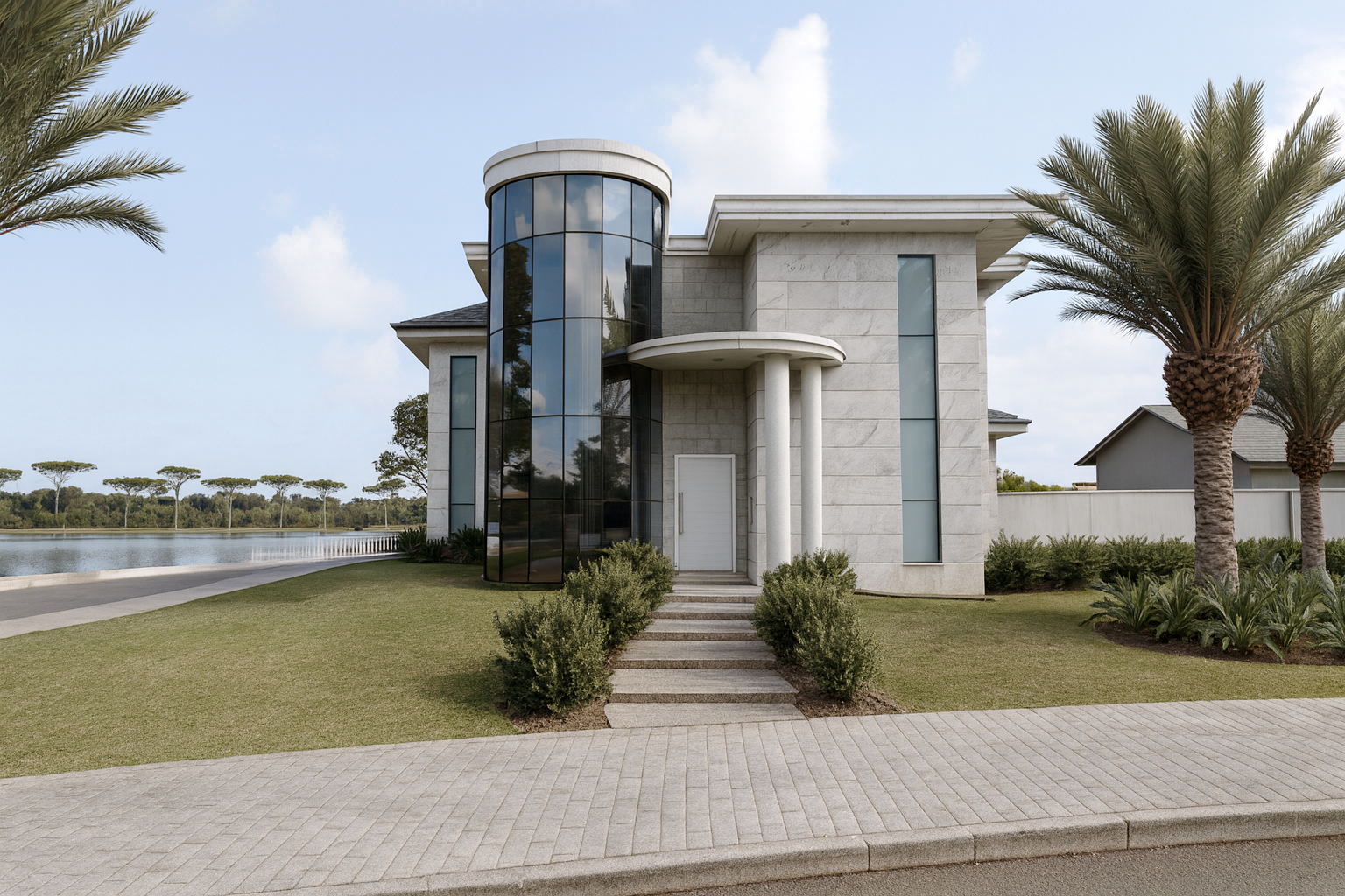 AI Rendering: residenza con torre vetrata e giardino